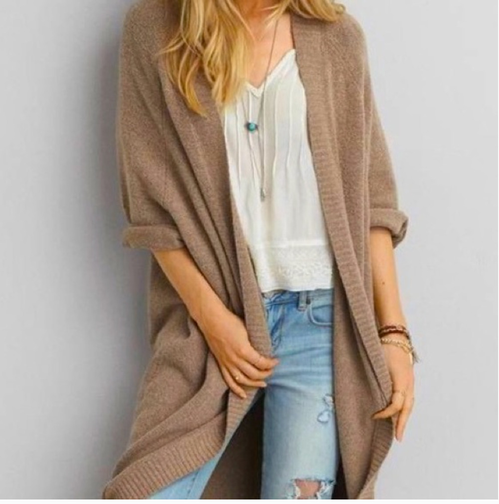 AMERICAN EAGLE Women's Open Cardigan Sweater Medium Long Chunky Brown Grandpa